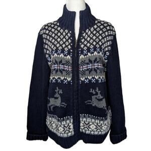 Eddie Bauer navy intarsia fair isle zip up Nordic holiday sweater size large